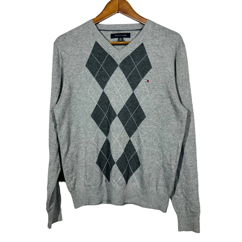 Vintage 90s Tommy Hilfiger V Neck Light Argyle Sweater - XS